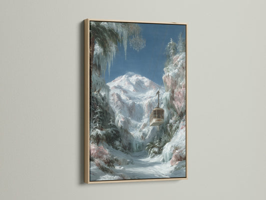 Winter Cabin artwork in an oak frame. This snowy mountain landscape wall art brings a cozy alpine scene. The oak frame enhances the rustic charm. Ideal for cabin or chalet wall decor.