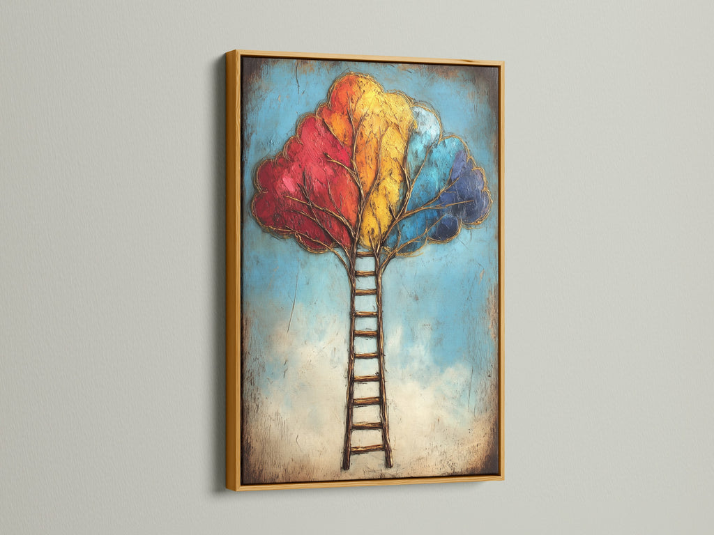 The Colorful Ladder Tree Art is beautifully displayed in a gold frame. This vibrant art piece brings warmth and inspiration to your space. The abstract design and colorful leaves create a captivating visual. Enhance your decor with this unique wall art.
