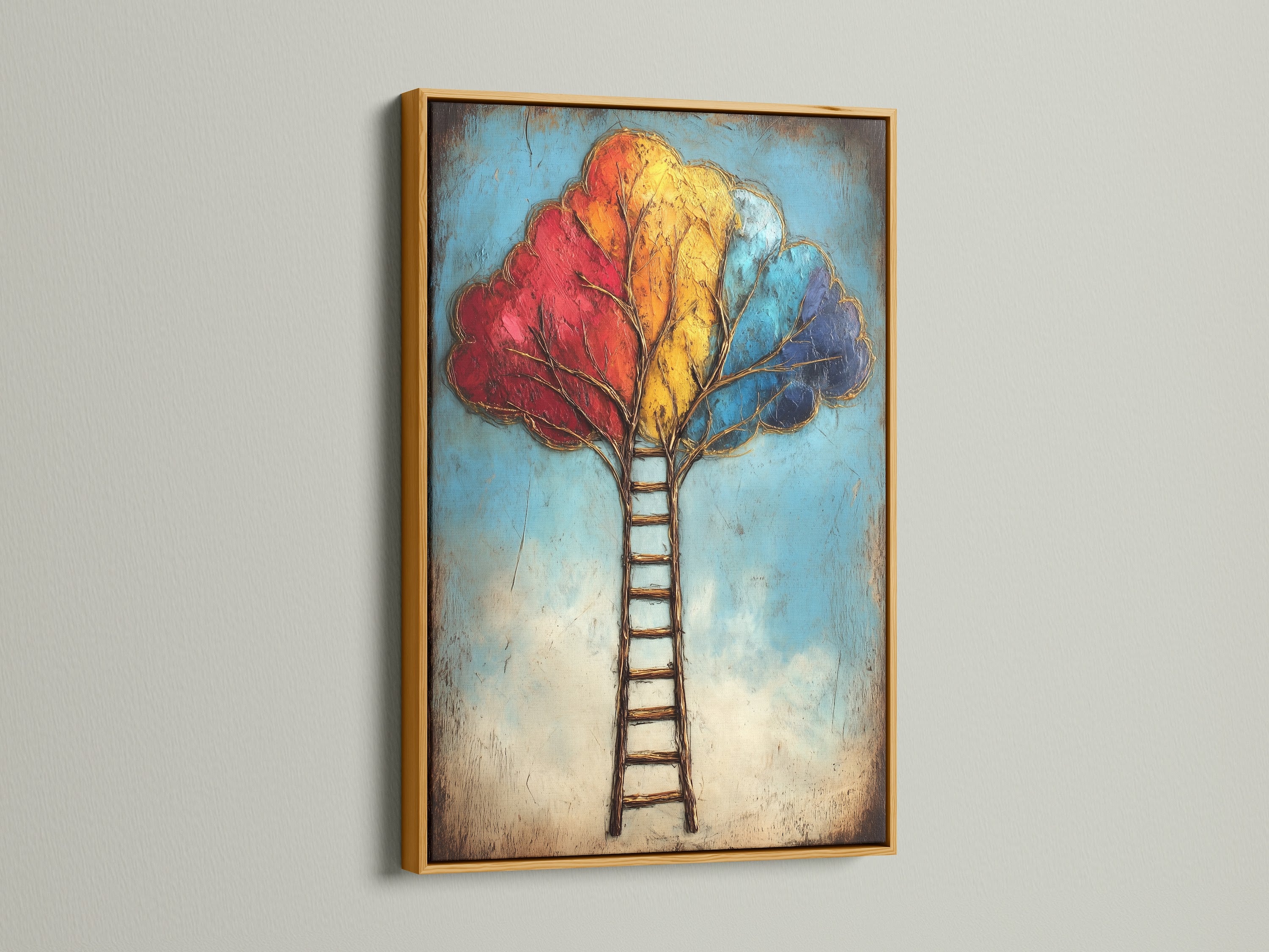 The Colorful Ladder Tree Art is beautifully displayed in a gold frame. This vibrant art piece brings warmth and inspiration to your space. The abstract design and colorful leaves create a captivating visual. Enhance your decor with this unique wall art.