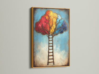 The Colorful Ladder Tree Art is beautifully displayed in a gold frame. This vibrant art piece brings warmth and inspiration to your space. The abstract design and colorful leaves create a captivating visual. Enhance your decor with this unique wall art.