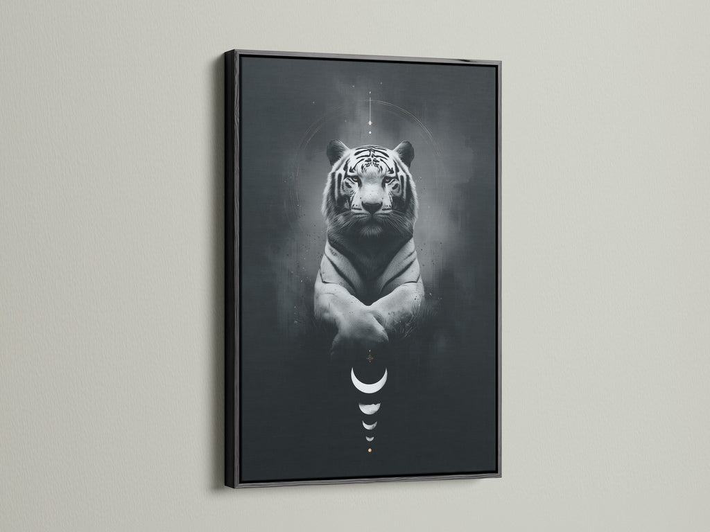 Transform your space with mystical artwork. This tiger canvas print showcases a celestial animal with moon phases. The black frame adds a touch of elegance. Perfect for contemporary wall decor and spiritual wall art.