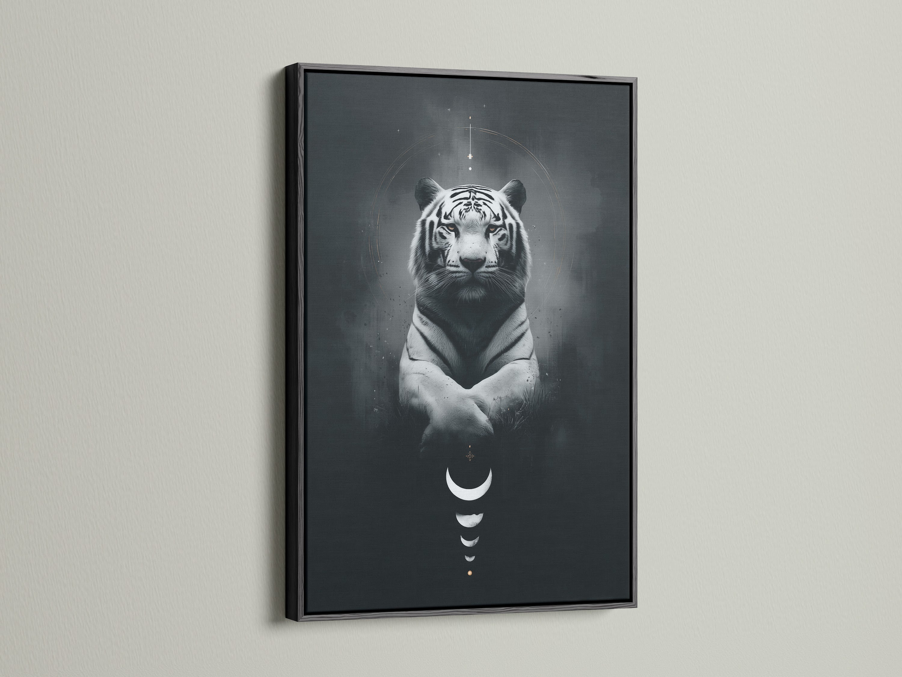 Transform your space with mystical artwork. This tiger canvas print showcases a celestial animal with moon phases. The black frame adds a touch of elegance. Perfect for contemporary wall decor and spiritual wall art.