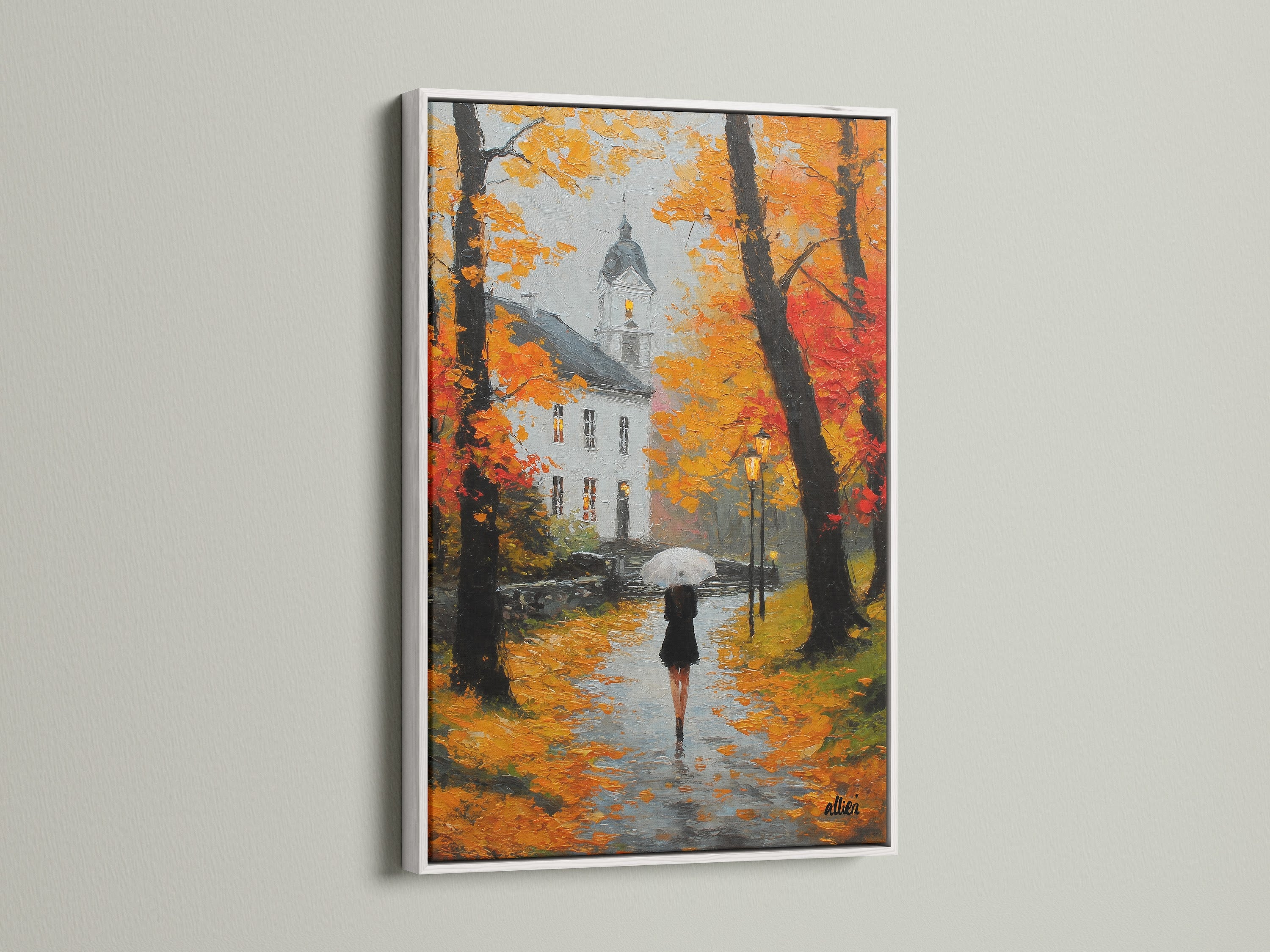 Artwork with a white frame. The bright white frame creates a clean look. It highlights the artwork's colors. This frame is versatile. It suits modern and traditional interiors. The white frame is simple and elegant.