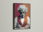 Mark Twain portrait art in a black frame. The geometric writer wall art is displayed. It is a literary figure canvas print perfect for study room decor. The black frame adds a bold and classic touch. The artwork is perfect for office wall art.