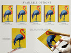 Available options for the flamingo artwork are showcased. Choose between a stretched canvas print fine art poster paper or floating frame. Customize your red blue and yellow artwork. Perfect for any home decor style.