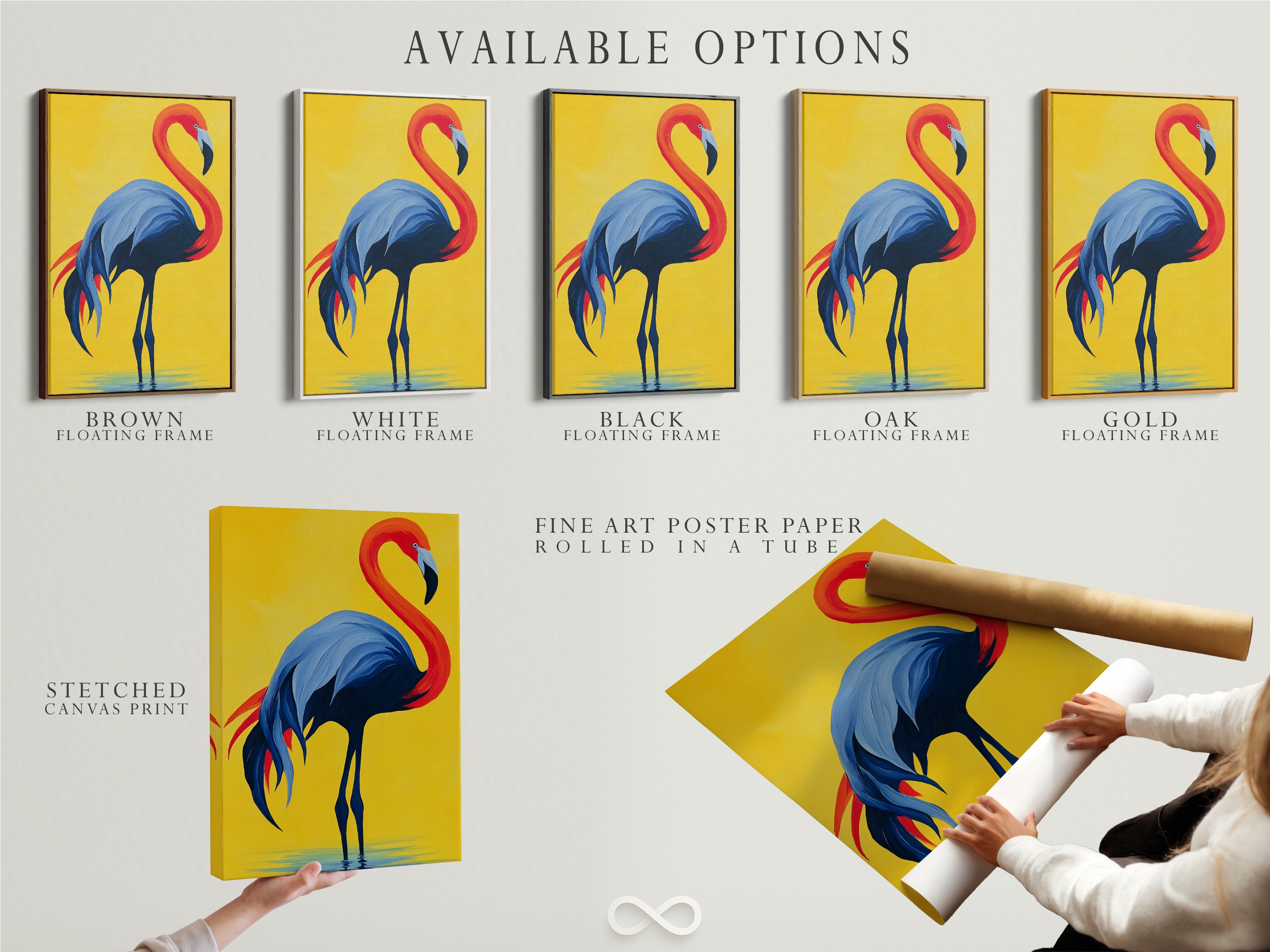 Available options for the flamingo artwork are showcased. Choose between a stretched canvas print fine art poster paper or floating frame. Customize your red blue and yellow artwork. Perfect for any home decor style.