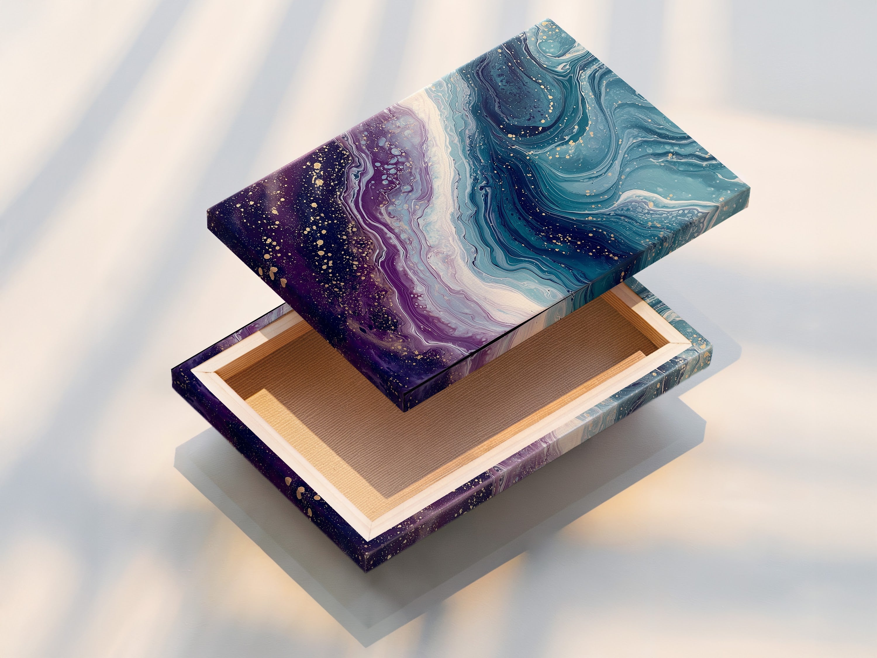 A stretched canvas print showcasing Abstract Ocean Wave artwork. The art features teal and purple fluid patterns. This contemporary piece is ideal for modern coastal decor. It is perfect for adding a touch of elegance to bedroom wall art. Explore the beauty of this abstract ocean wave print today