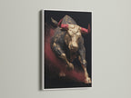 Artwork featuring a bull with red horns. The art is displayed in a white frame. The white frame enhances the artwork. Perfect art to showcase in your home or office. Great art for any room in the house