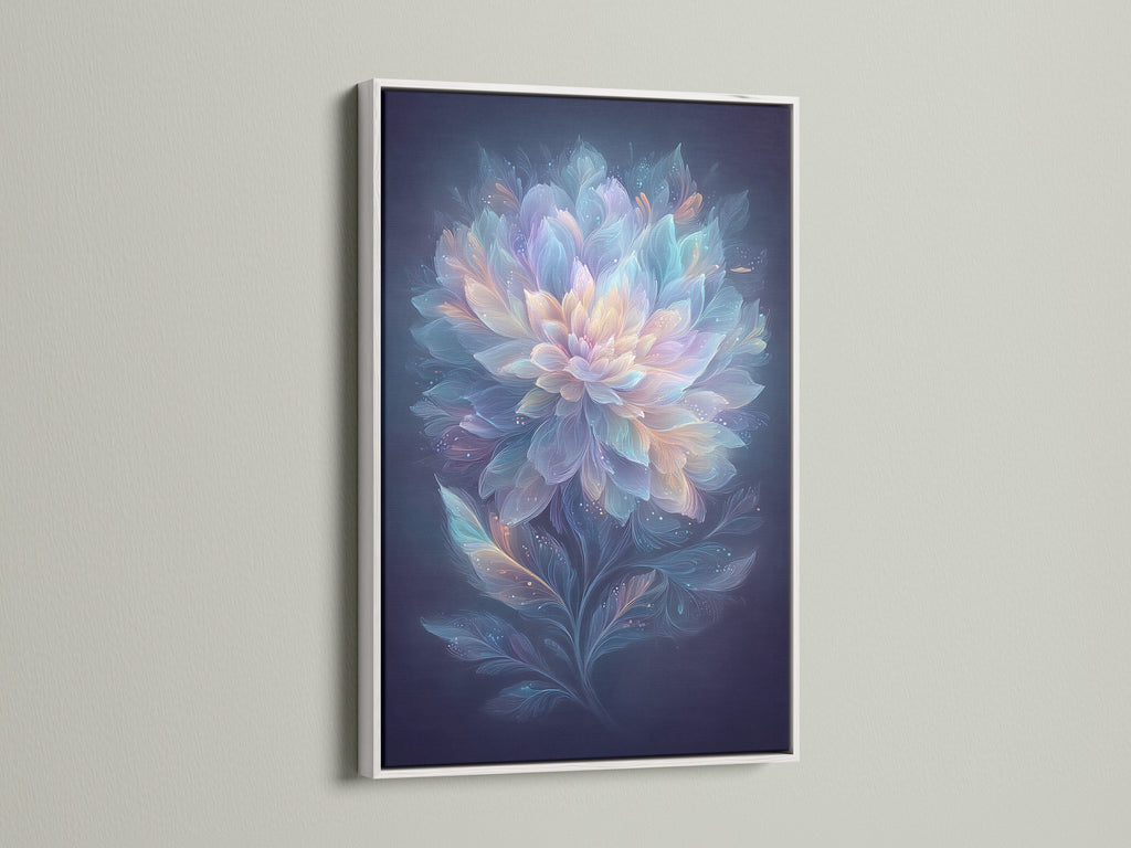 Ethereal Flower artwork in a white frame enhances any room. The dreamy botanical artwork adds a serene touch. This pastel blue and pink wall art is ideal for bedroom decor. Discover mystical flower art here.