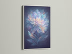Ethereal Flower artwork in a white frame enhances any room. The dreamy botanical artwork adds a serene touch. This pastel blue and pink wall art is ideal for bedroom decor. Discover mystical flower art here.