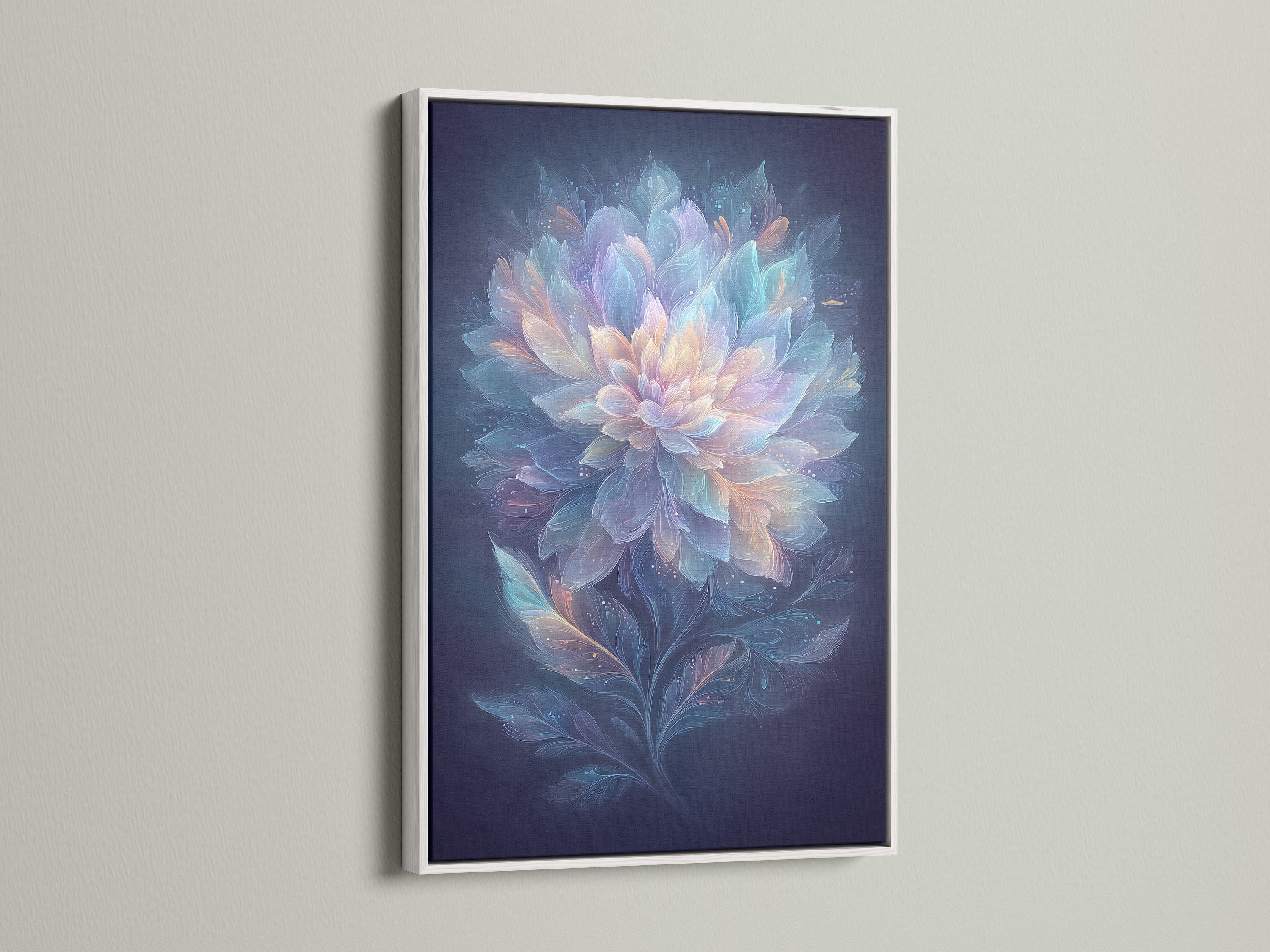 Ethereal Flower artwork in a white frame enhances any room. The dreamy botanical artwork adds a serene touch. This pastel blue and pink wall art is ideal for bedroom decor. Discover mystical flower art here.