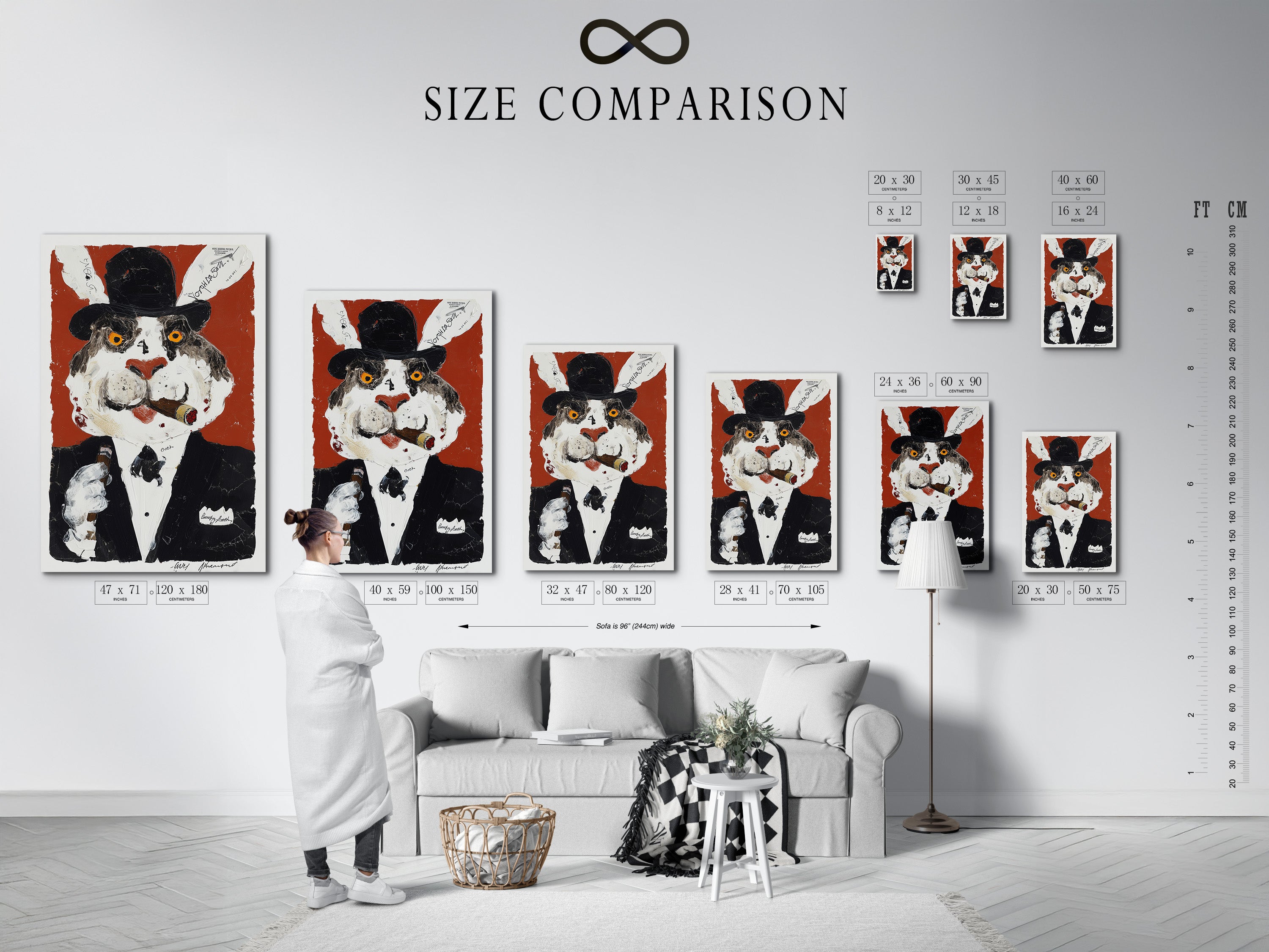 The image displays a size comparison chart in an interior setting. It helps visualize the vintage cat portrait canvas. Different sizes are available to fit various spaces. This surreal animal art enhances any room's aesthetic. Choose the perfect scale for your wall art.