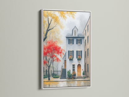 This white frame showcases a beautiful Charleston architecture artwork. The cityscape canvas highlights a historic building in autumn. The bright white frame makes the fall colors art pop. This home wall decor brings an urban landscape feel inside. A great addition to boutique or entryway decor.