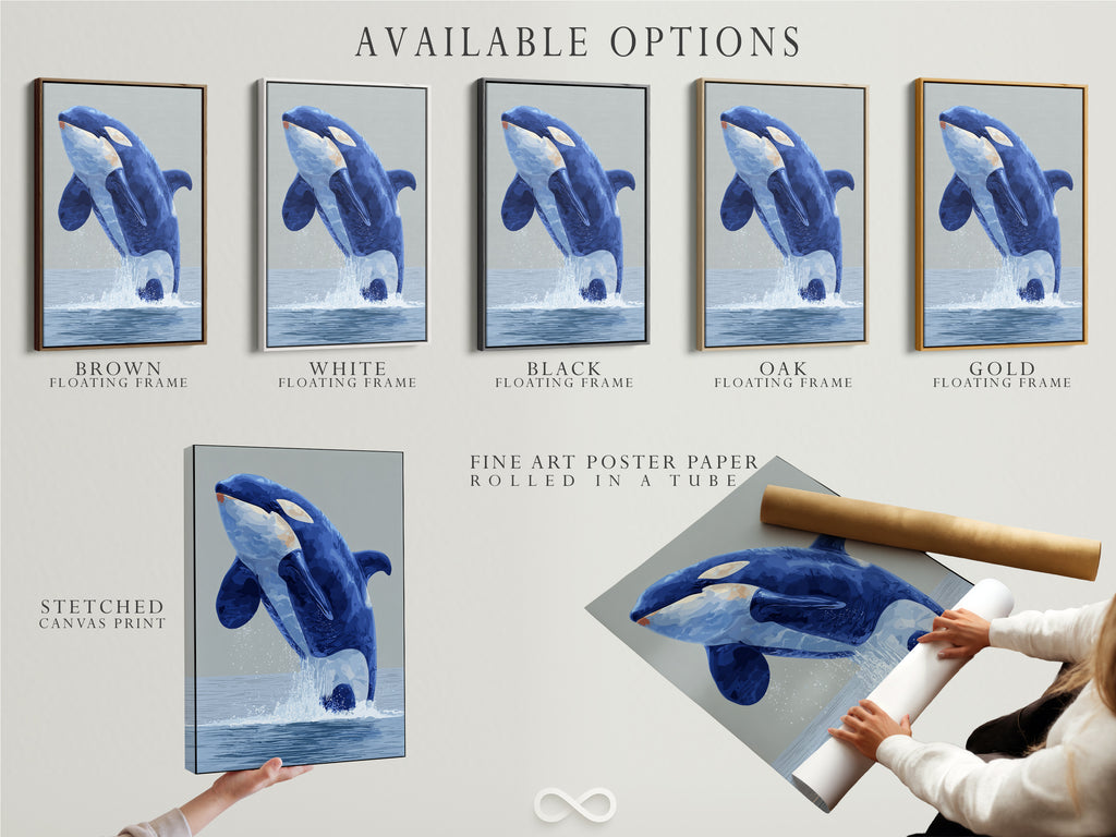 Explore the available options for our Orca Whale artwork. Choose from a stretched canvas print fine art poster paper or floating frame. Customize your piece to fit your style. Perfect for coastal wall decor. Discover the beauty of marine animal art. Transform your home with our versatile and stunning collection. Shop now and create your perfect space.