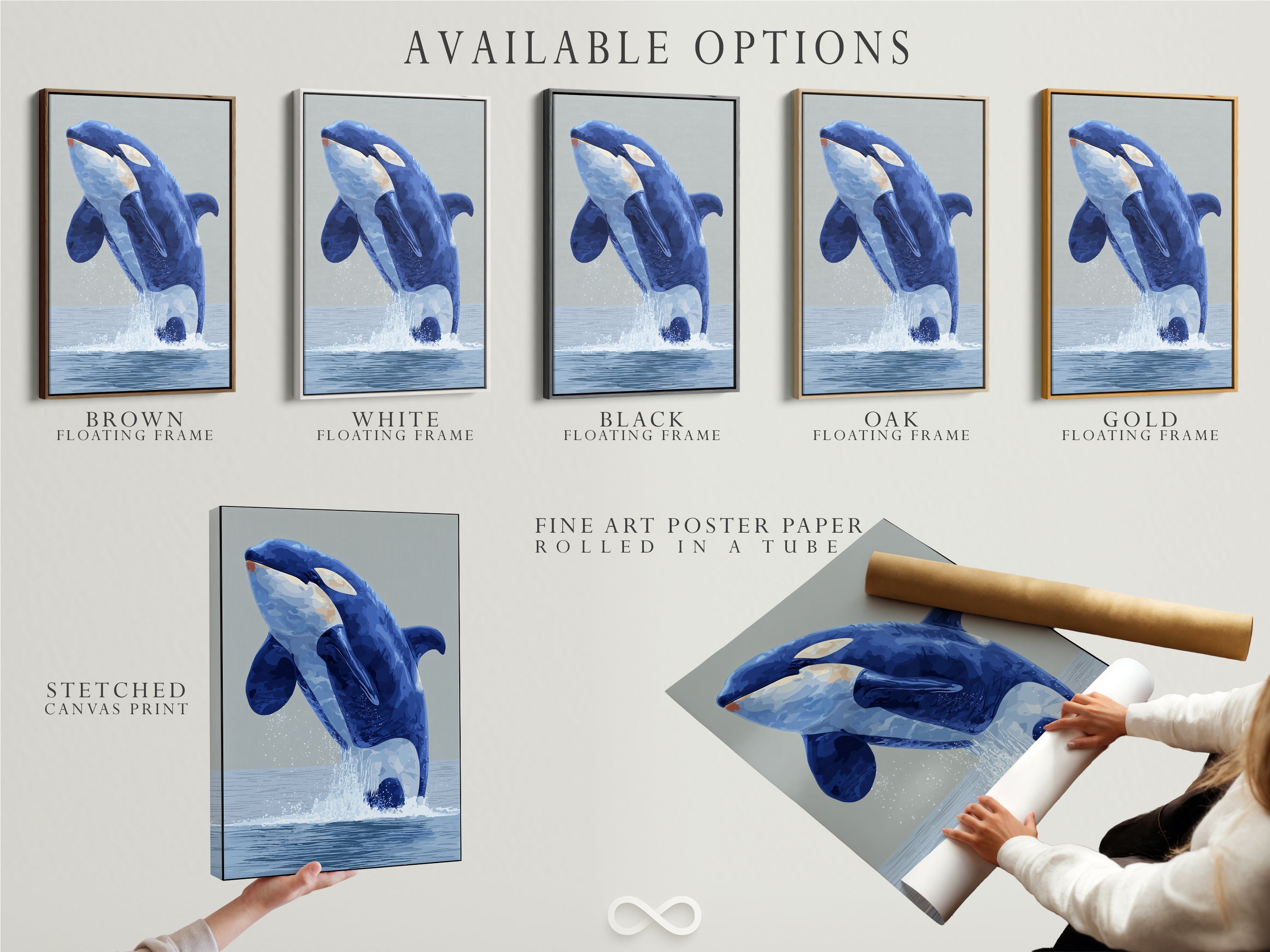 Explore the available options for our Orca Whale artwork. Choose from a stretched canvas print fine art poster paper or floating frame. Customize your piece to fit your style. Perfect for coastal wall decor. Discover the beauty of marine animal art. Transform your home with our versatile and stunning collection. Shop now and create your perfect space.