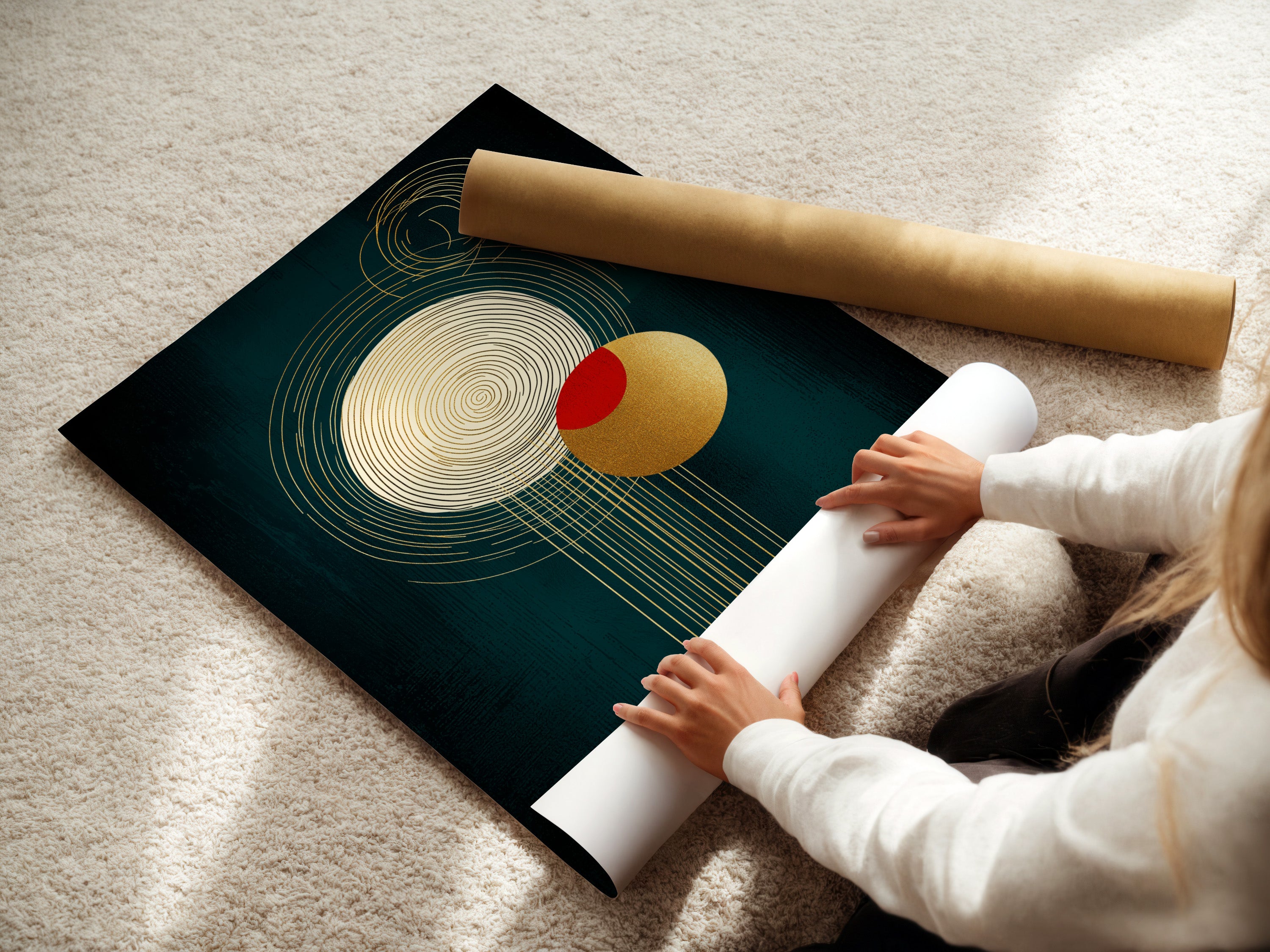 A woman carefully rolls a fine art poster paper. The paper features an abstract geometric artwork. This print will be a stylish addition. Perfect for any modern home or office space.