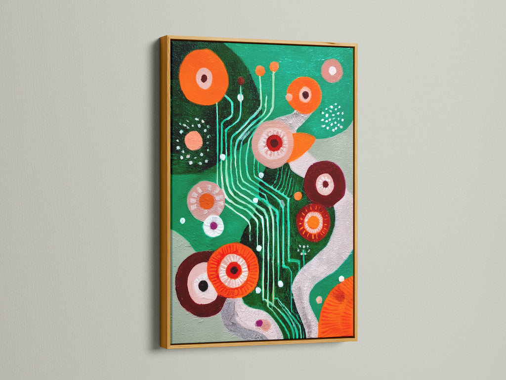 A gold frame enriches this modern abstract canvas art. The retro geometric wall art features a vibrant colorful mid-century print. This artwork is a luxurious addition to office decor. Perfect for those who appreciate contemporary art.