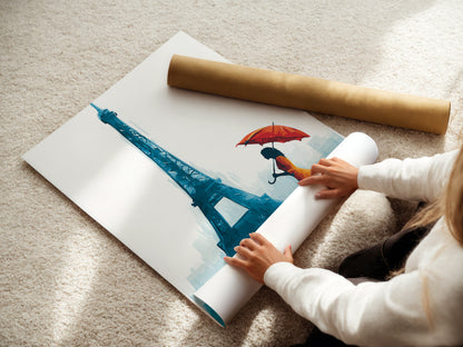 A woman is carefully rolling a fine art poster paper. The poster paper features the Eiffel Tower art. This Parisian print is perfect for travel enthusiasts. Shop now for teal blue art and umbrella art. Explore France wall art and office wall decor. Discover French artwork and Parisian decor options.