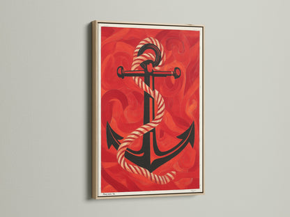 Nautical Anchor Artwork in an Oak Frame. The red ocean canvas brings a maritime feel. Perfect as coastal wall decor for any home. This nautical print makes a thoughtful sailor gift. The vintage anchor adds charm. Ideal ocean artwork for a beach house.