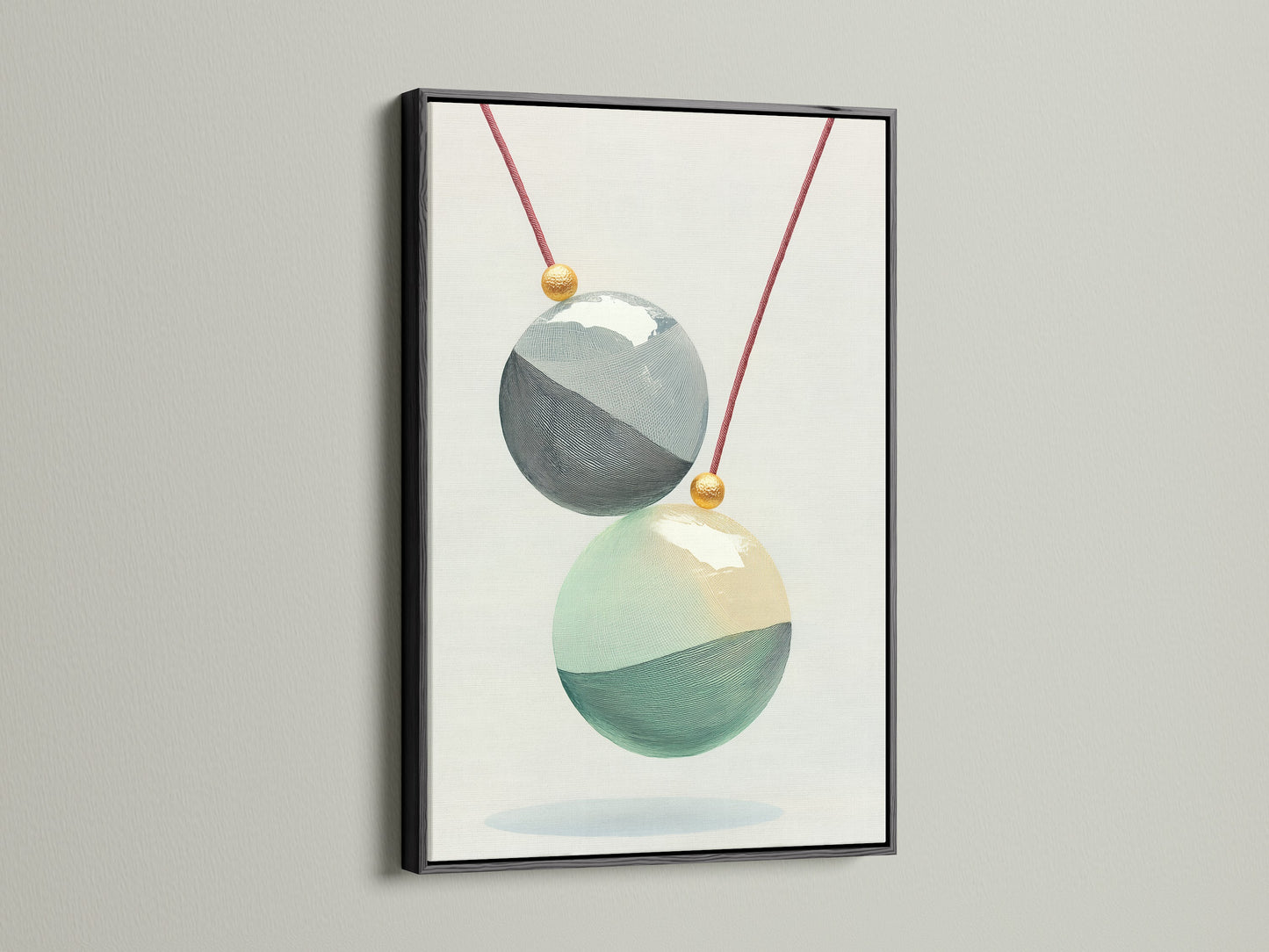 Geometric Spheres artwork in a black frame. This striking piece of modern wall art is perfect for office decor. The teal and gold sphere print adds a contemporary touch. Ideal for minimalist and Scandinavian styles. Transform your space with this abstract canvas.