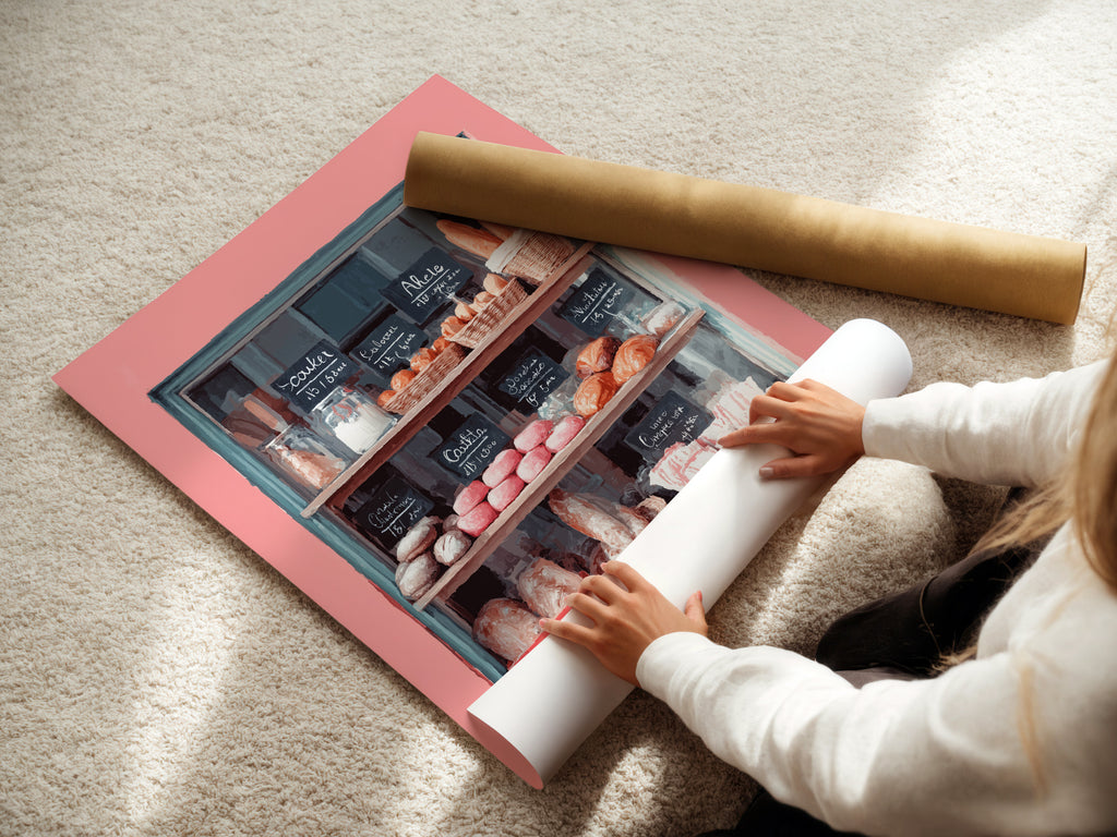 This image shows a woman rolling a fine art poster paper. The paper is carefully handled to prevent damage. The fine art poster paper is of high quality. This artwork is perfect for creating custom prints. The poster paper allows for vibrant colors. It creates a professional and polished finish.