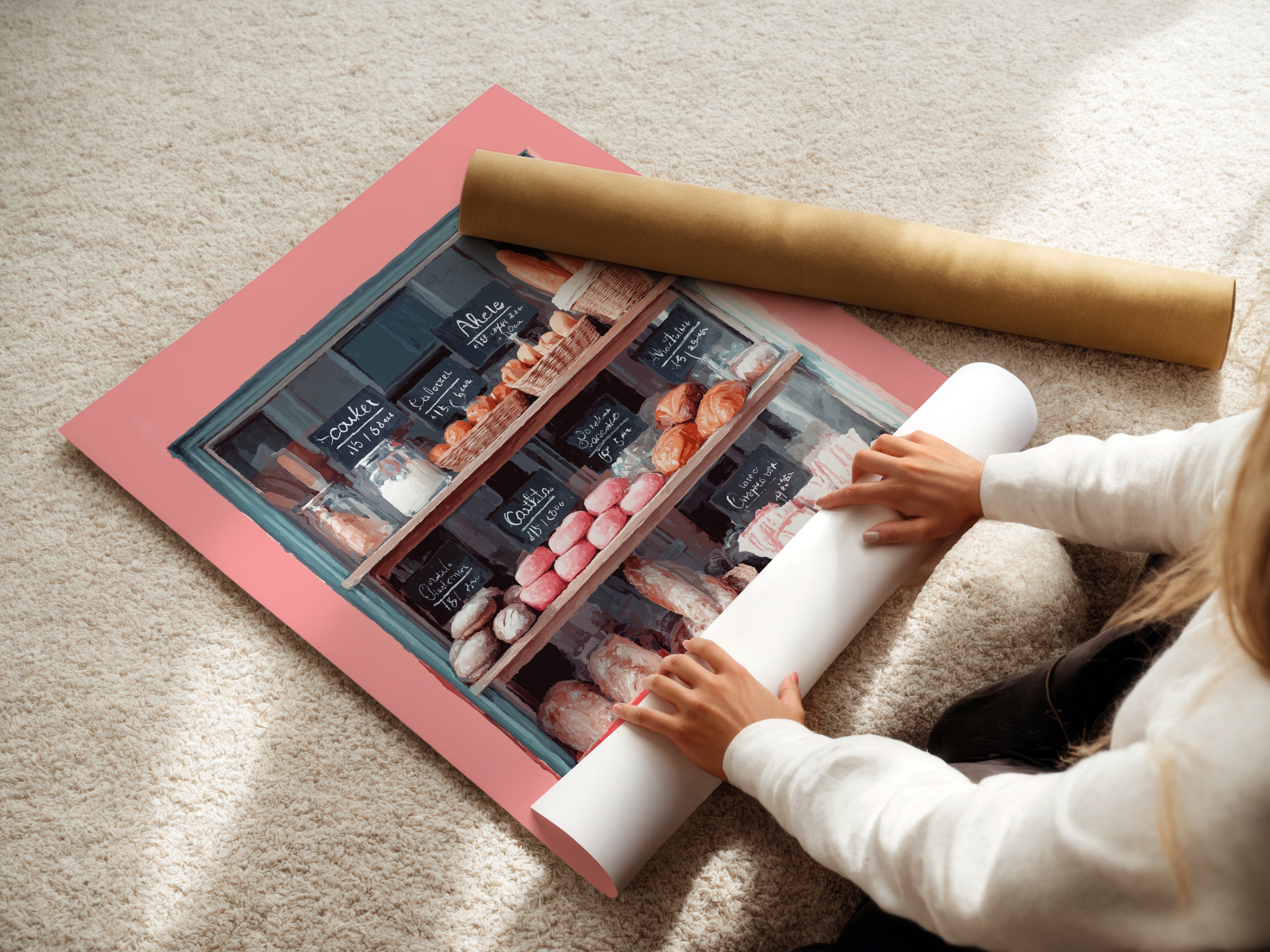This image shows a woman rolling a fine art poster paper. The paper is carefully handled to prevent damage. The fine art poster paper is of high quality. This artwork is perfect for creating custom prints. The poster paper allows for vibrant colors. It creates a professional and polished finish.