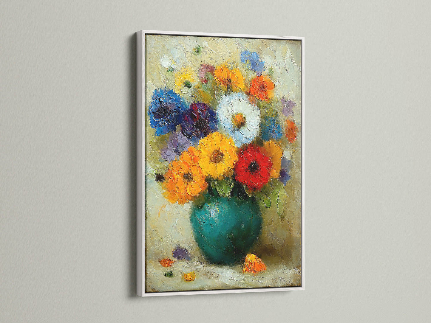 Impressionist Floral Painting in a White Frame. This vibrant flower artwork adds color to any room. This colorful botanical wall art is perfect for modern or eclectic styles.