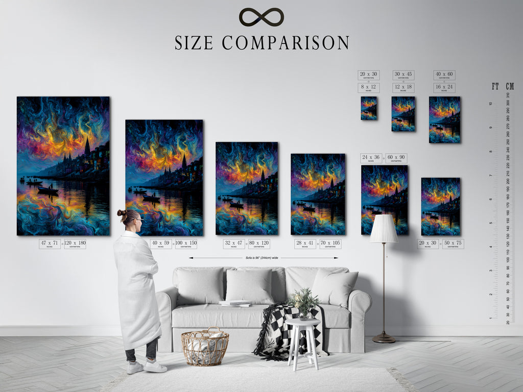 Size comparison chart in an interior setting. This surreal cityscape features a vibrant swirling sky. The colorful wall art is perfect for bedroom wall decor. This abstract waterscape makes a statement.