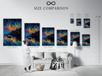 Size comparison chart in an interior setting. This surreal cityscape features a vibrant swirling sky. The colorful wall art is perfect for bedroom wall decor. This abstract waterscape makes a statement.