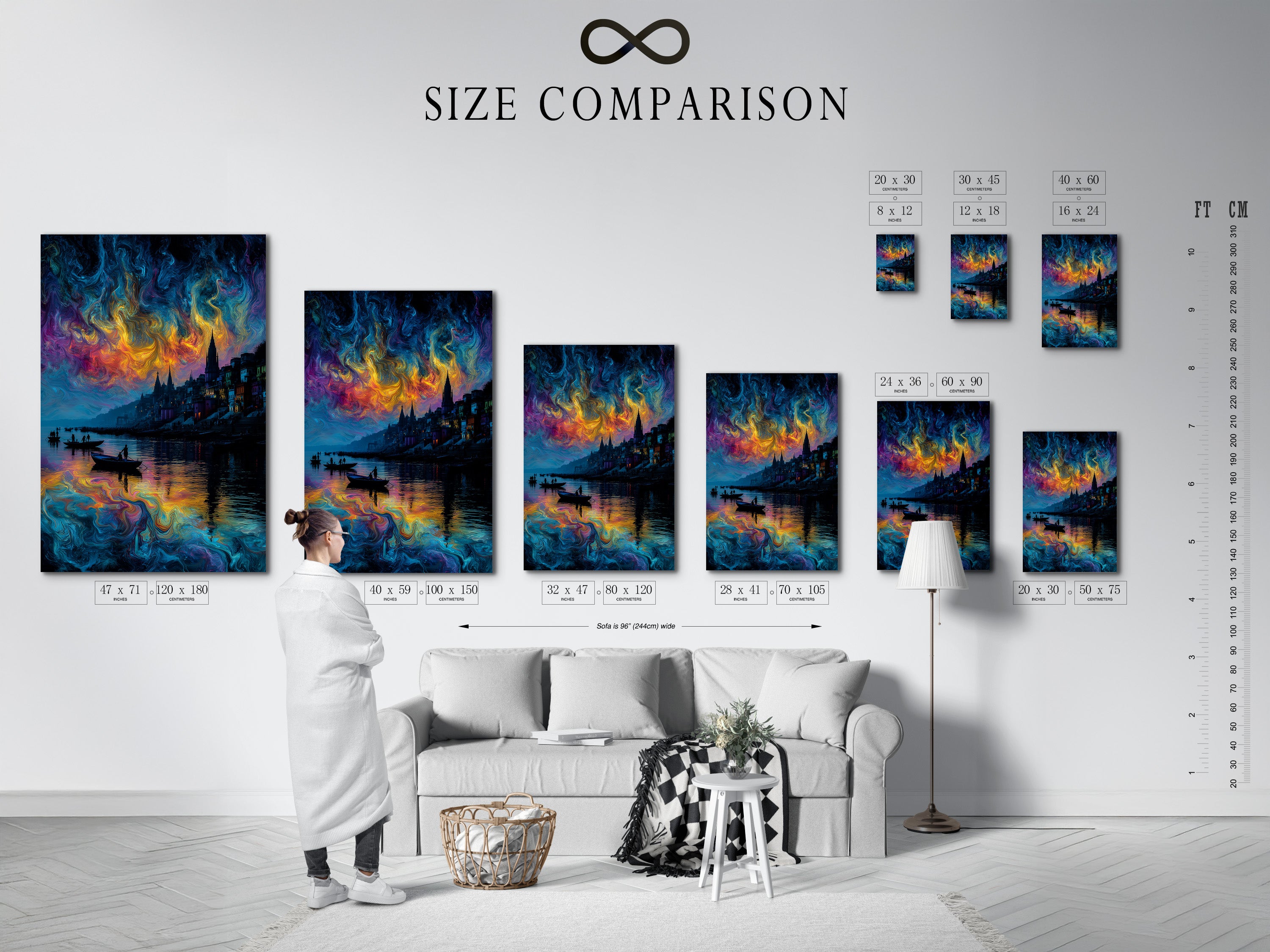 Size comparison chart in an interior setting. This surreal cityscape features a vibrant swirling sky. The colorful wall art is perfect for bedroom wall decor. This abstract waterscape makes a statement.