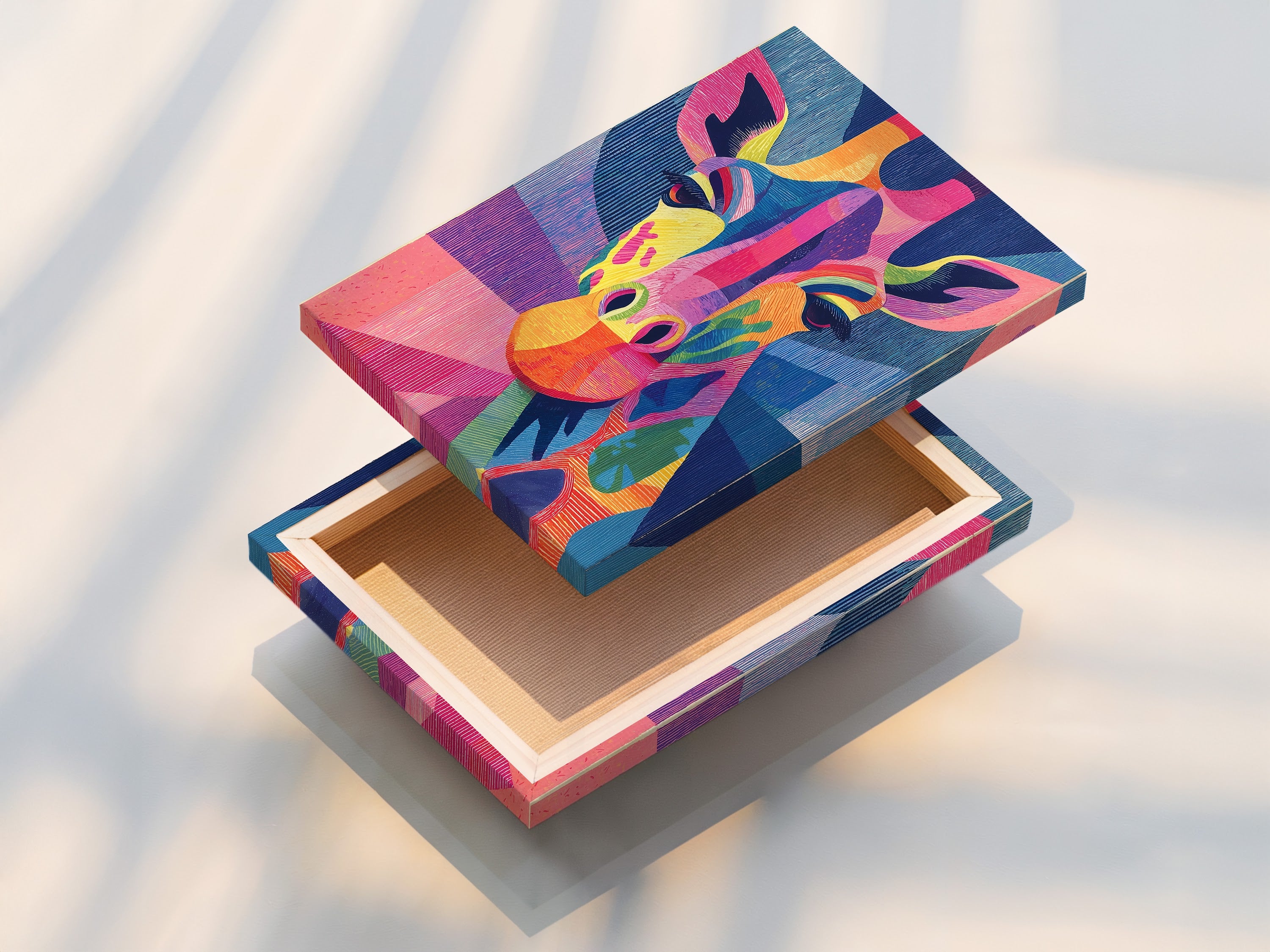 A stretched canvas print displays a colorful giraffe artwork. This modern animal art is ready to hang. The stretched canvas print provides a clean and contemporary look. It is perfect for adding a vibrant touch to a kids room or nursery decor. The rainbow colors are sure to delight.