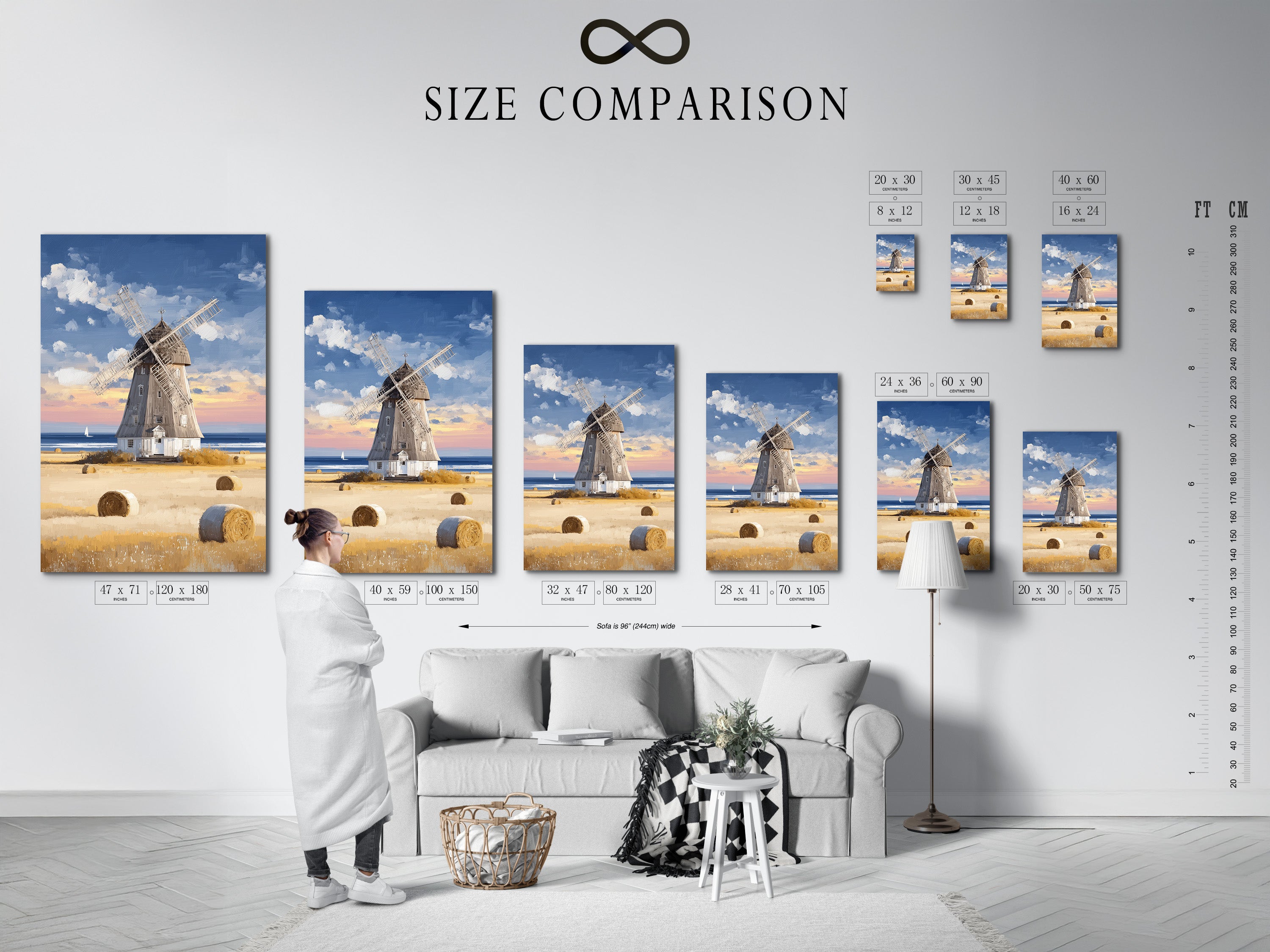 A size comparison chart displayed in an interior setting helps you visualize the perfect size for your windmill artwork. The chart showcases various sizes for stretched canvas prints fine art poster paper and framed art. Find the ideal size to complement your space and bring vintage farmhouse charm and seaside tranquility to your home.