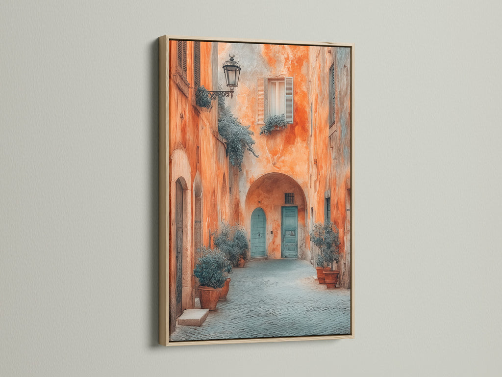 Italian Village art print in an oak frame. The artwork features Tuscan architecture. The warm tones create an inviting scene. This travel photography piece brings a touch of European charm. Ideal for enhancing any space.