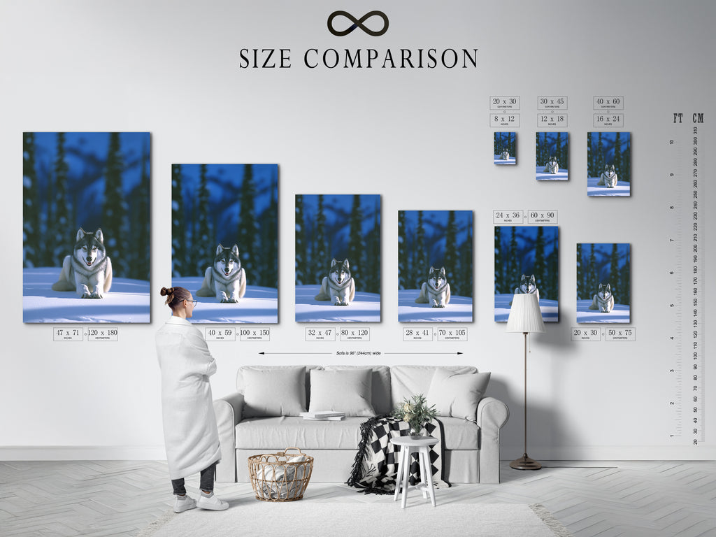 Discover the perfect size with our comparison chart in an interior setting. Visualize wolf art winter canvas and wildlife print animal wall art in various dimensions. Find the ideal fit for your rustic decor and cabin wall decor. See how canine artwork and wolf photography can transform your space