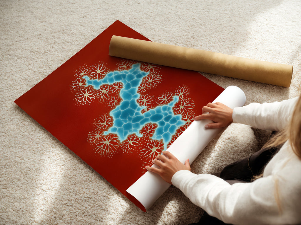 A woman is carefully rolling a fine art poster paper featuring abstract river art. The poster showcases a terracotta and blue color palette. Perfect for modern botanical wall decor. Add a touch of organic flow to your creative space.