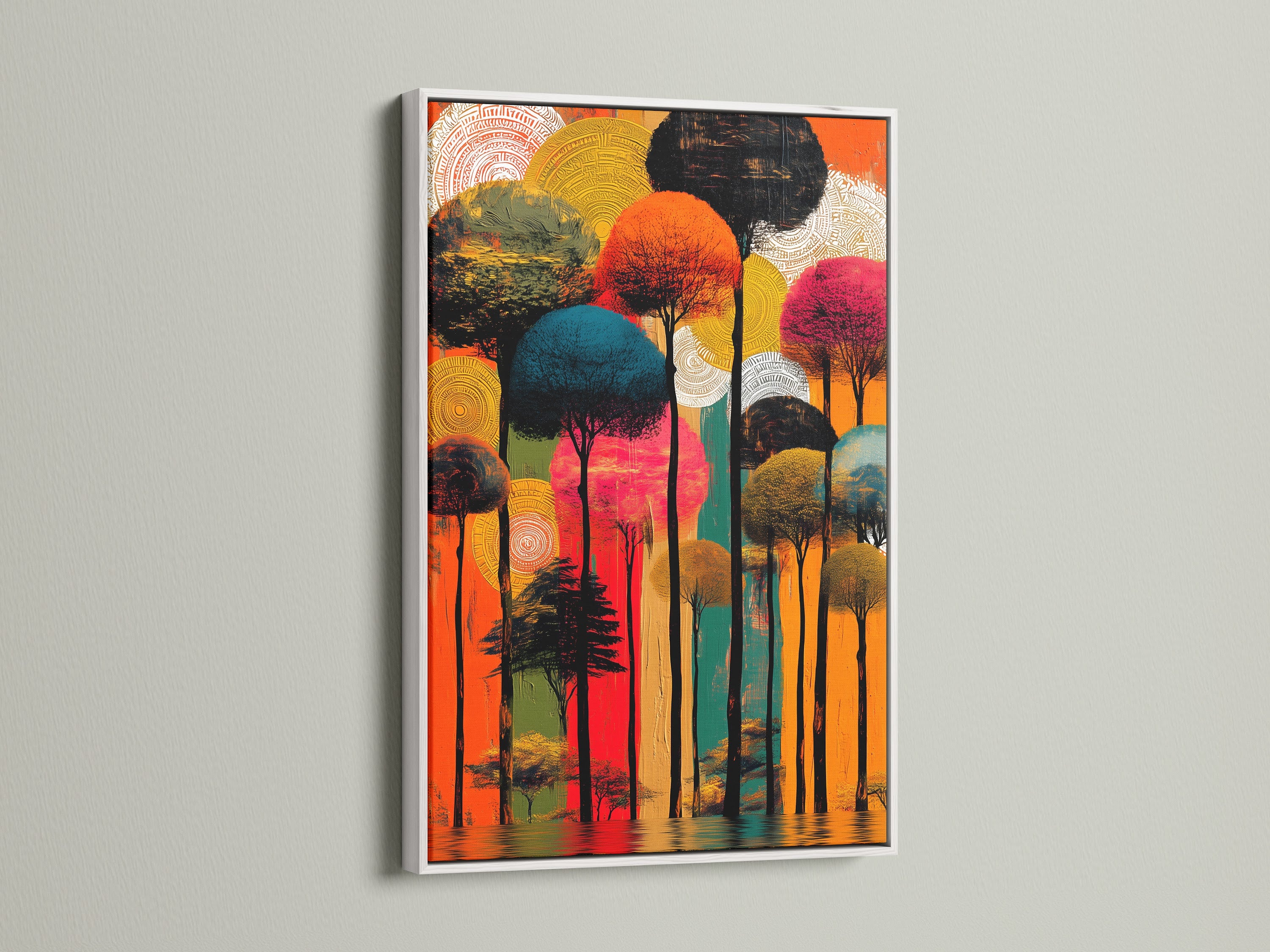 A white frame highlights an abstract tree art print. This colorful forest canvas is a modern nature artwork. It is ideal for brightening up your home decor. This tree wall decor brings a vibrant touch.