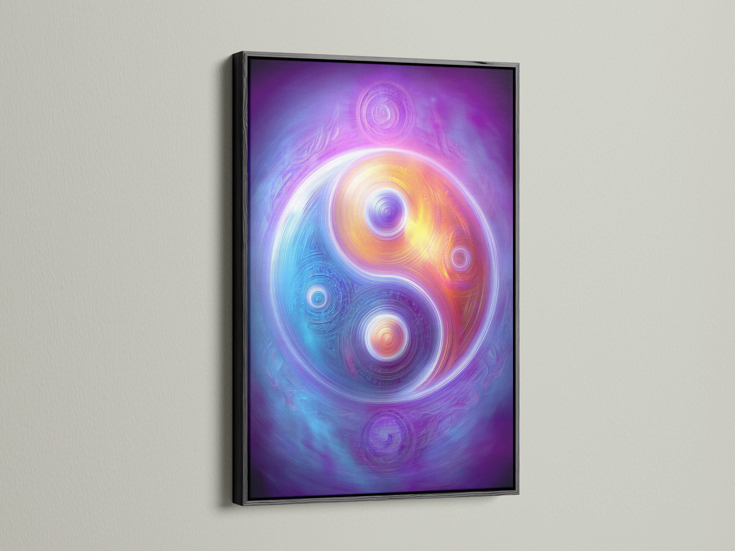 A Yin Yang canvas artwork is presented in a black frame. This cosmic wall art adds a modern touch. The purple rainbow galaxy poster creates a healing space. Sacred geometry enhances the artwork.
