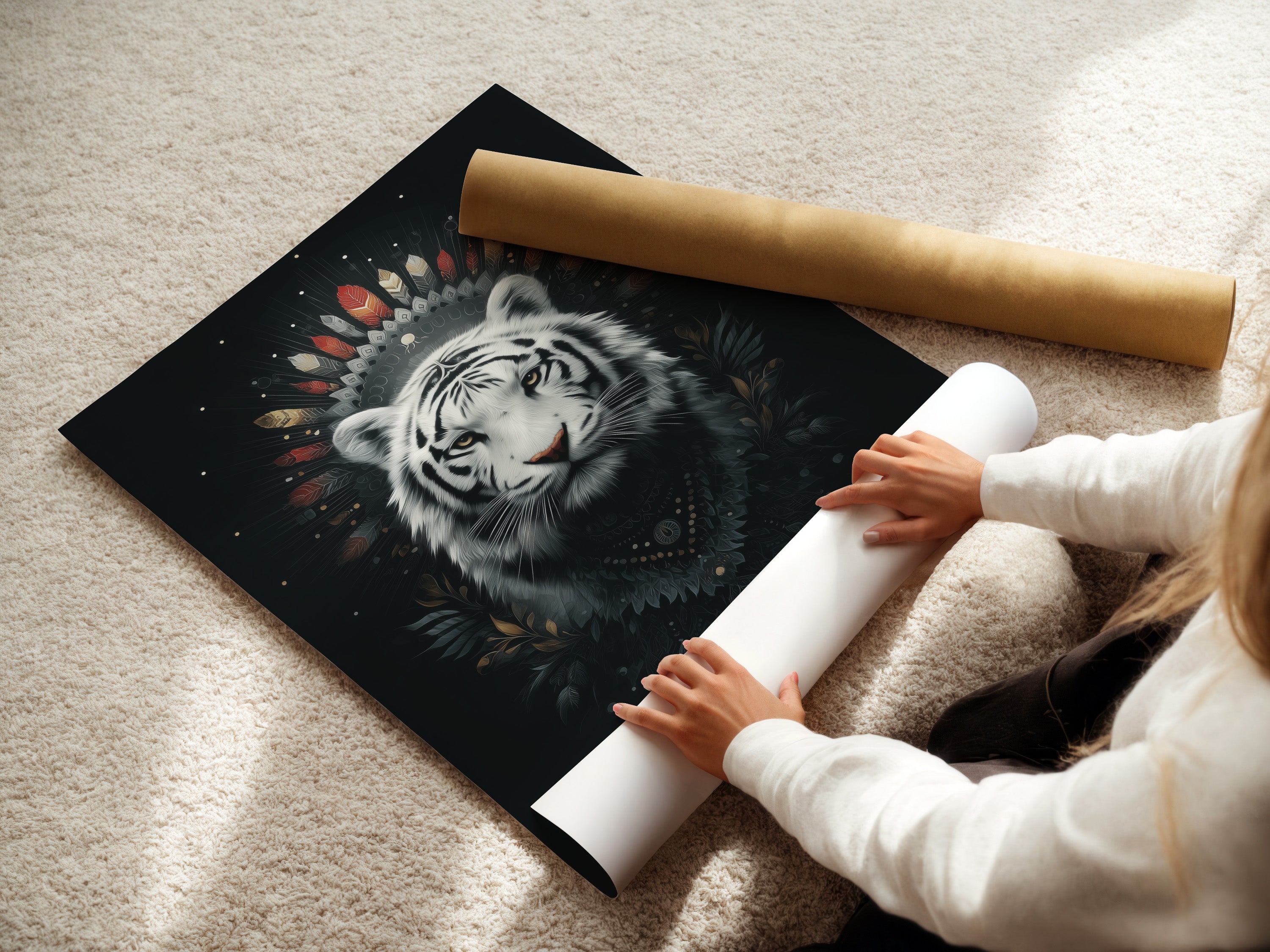 A woman is carefully rolling a fine art poster paper. The mystical white tiger artwork is printed on high-quality paper. Ensuring a pristine finish. Ideal for homeowners and renters seeking refined wall decor. Prepare to display this beautiful piece.