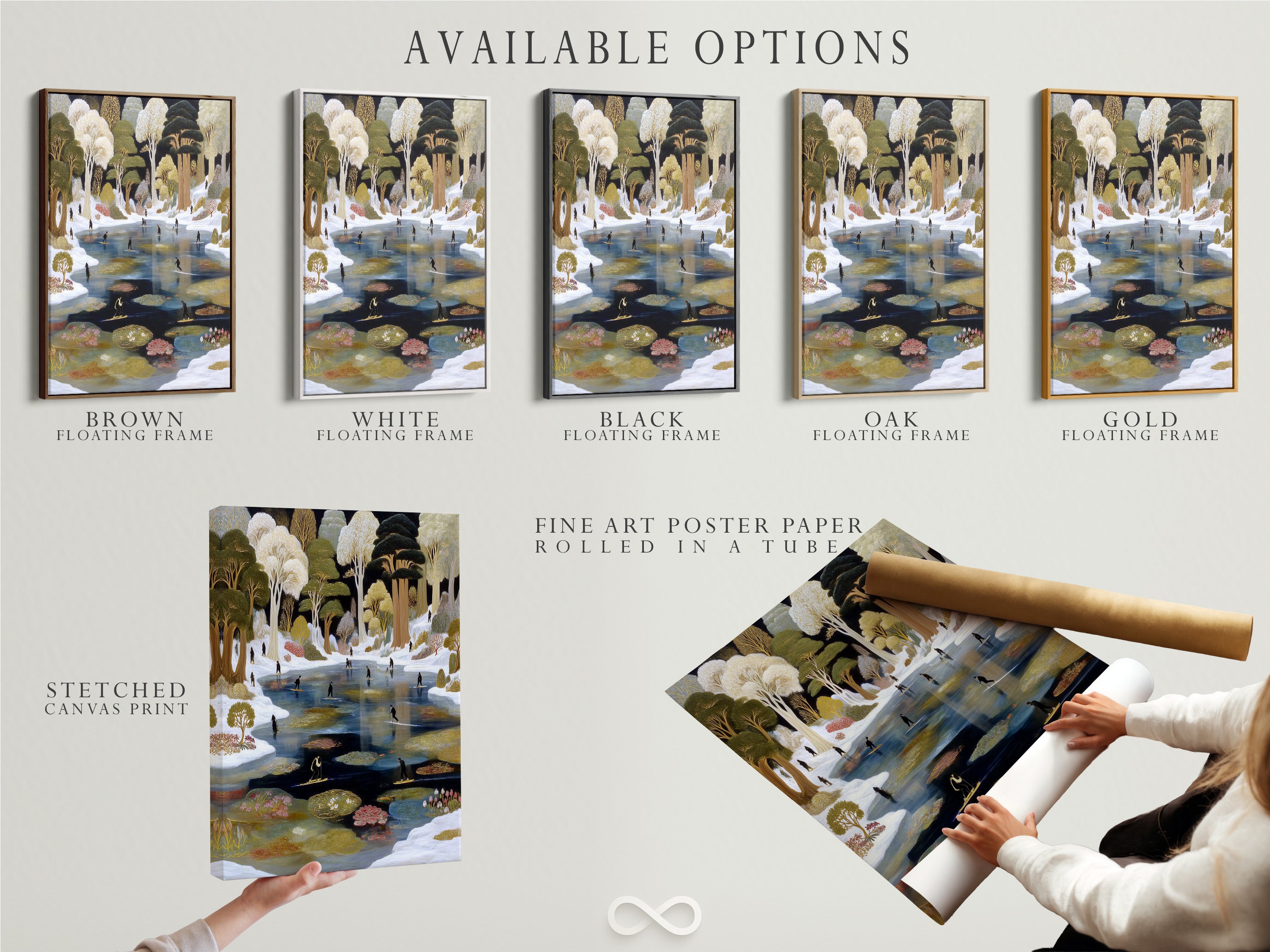 Explore available options for the Winter Pond artwork. See stretched canvas prints fine art poster paper and floating frames. Find the perfect style for your home decor. Match your bohemian or rustic style.