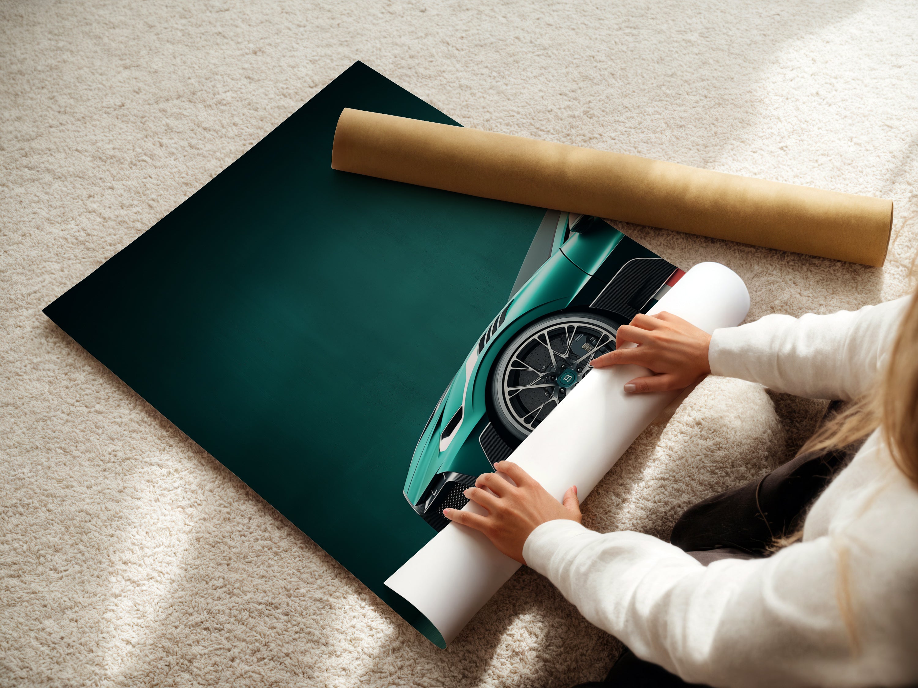 A woman is carefully rolling fine art poster paper. The paper features a teal sports car. It's perfect for automotive aficionados. The art will fit contemporary styles.