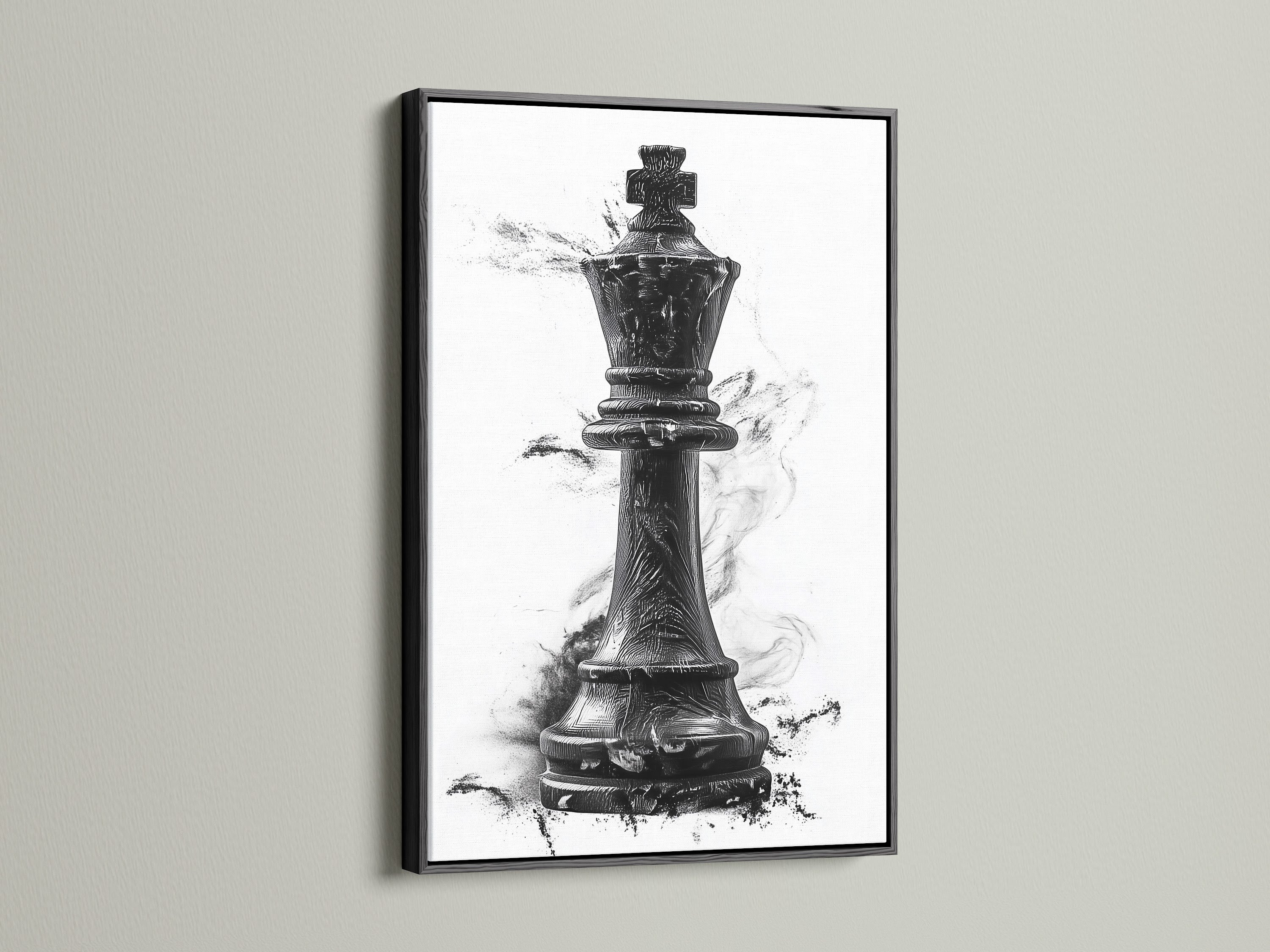 A striking chess king artwork showcased in a black frame. The black frame adds a bold and timeless touch. It makes it a versatile choice for any interior. Elevate your artwork with a sleek black frame. It adds a touch of sophistication to your walls.