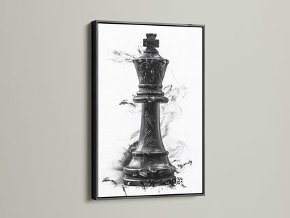 A striking chess king artwork showcased in a black frame. The black frame adds a bold and timeless touch. It makes it a versatile choice for any interior. Elevate your artwork with a sleek black frame. It adds a touch of sophistication to your walls.