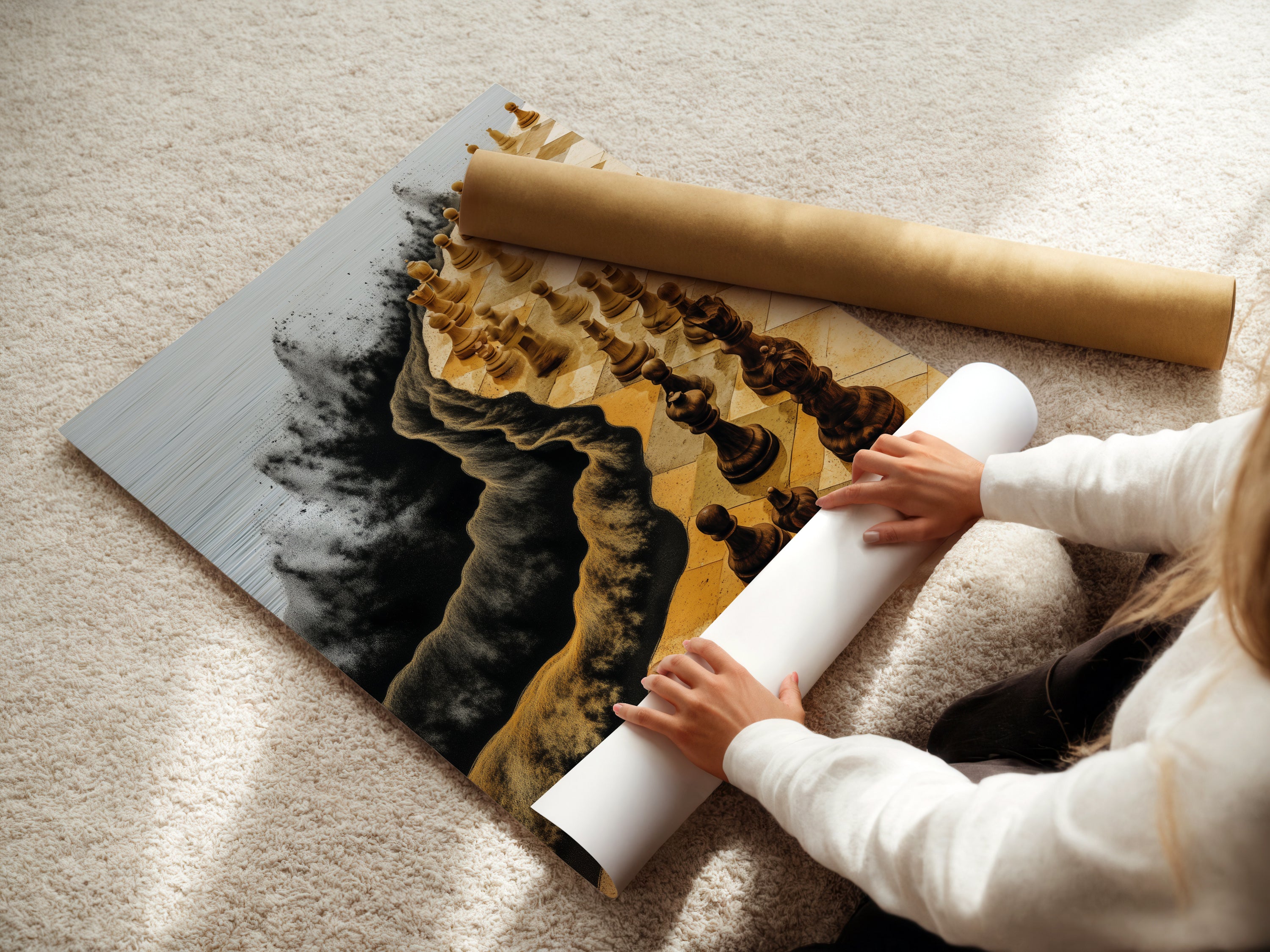 A woman expertly rolls a fine art poster paper. This highlights the care and quality of the chess art prints. Perfect for those seeking modern artwork this piece elevates any space with its unique design and style