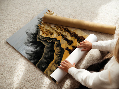 A woman expertly rolls a fine art poster paper. This highlights the care and quality of the chess art prints. Perfect for those seeking modern artwork this piece elevates any space with its unique design and style