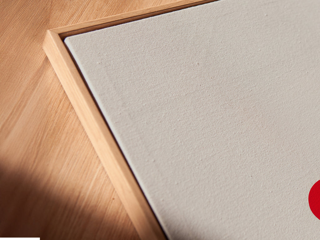 Angled close-up shows a canvas print in a floating frame. The music note heart artwork is modern and stylish. It's perfect for contemporary spaces. This minimalist music art is ready to hang.