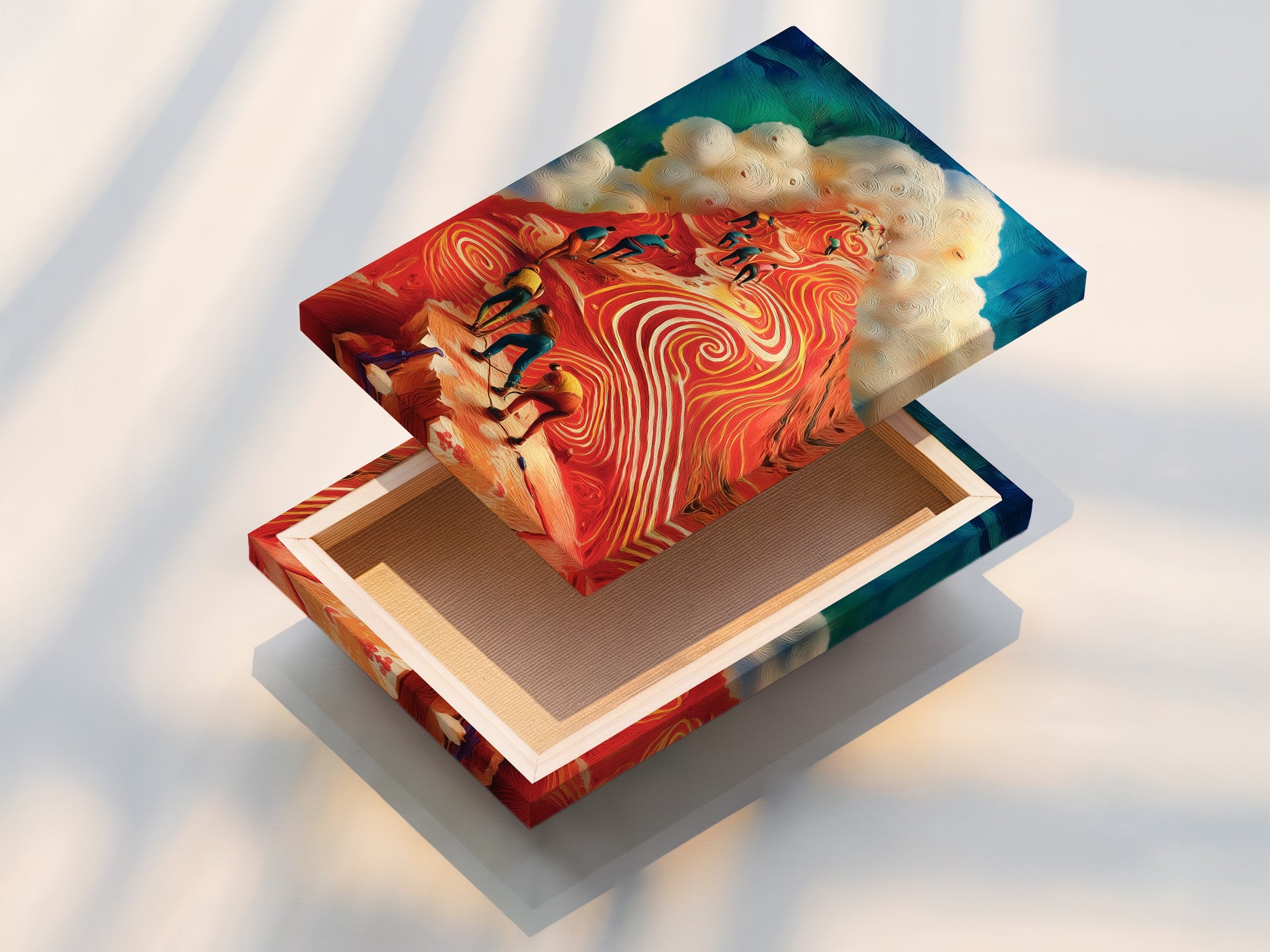 See the Mountain Climbers artwork beautifully displayed as a stretched canvas print. This ready-to-hang piece is perfect for any office or home. It inspires ambition and teamwork. The vibrant colors and modern artwork will enhance your space. Shop now for motivational art.