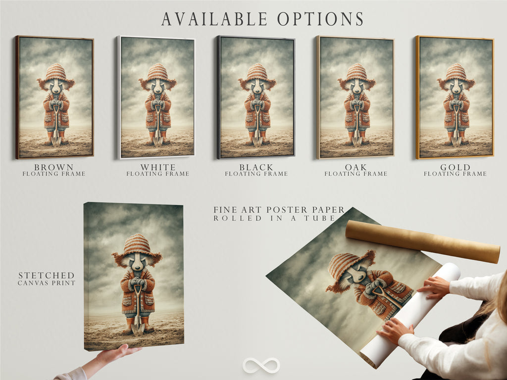 Explore available options for this raccoon artwork. Choose from a stretched canvas print fine art poster paper or floating frame. Each option enhances the vintage animal art. Create the perfect look for your woodland nursery. Options for kids room wall art.