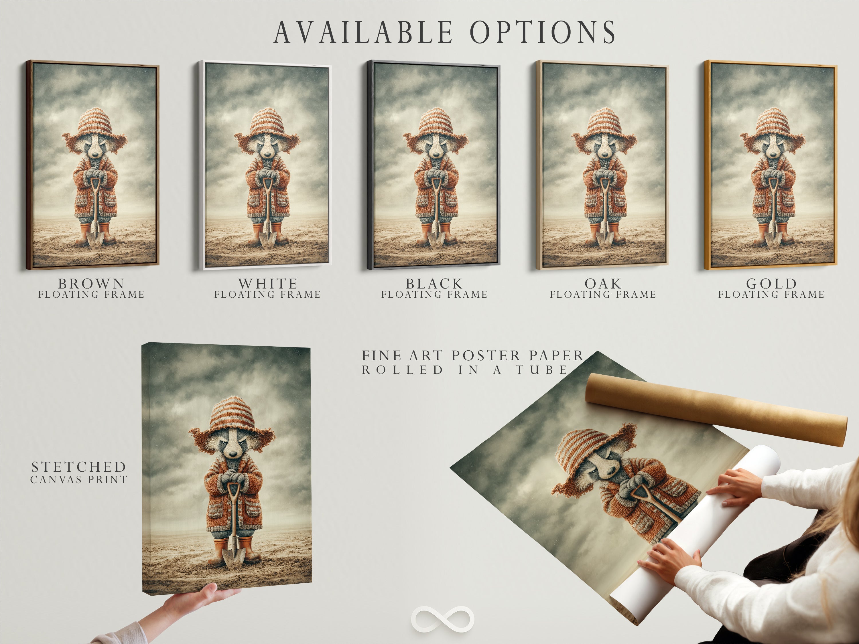 Explore available options for this raccoon artwork. Choose from a stretched canvas print fine art poster paper or floating frame. Each option enhances the vintage animal art. Create the perfect look for your woodland nursery. Options for kids room wall art.