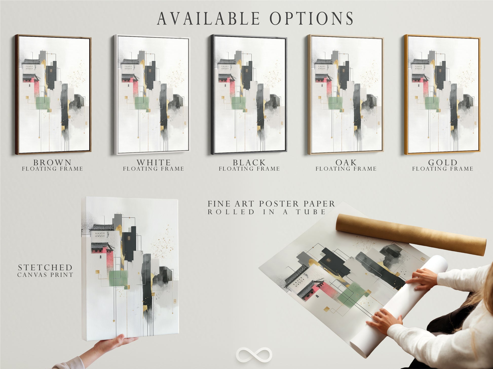 Explore available options for an abstract cityscape artwork including a stretched canvas print fine art poster paper and floating frame. The modern architecture wall art enhances any space. Geometric building artwork is perfect for office decor. The minimalist art features neutral tones and subtle gold accents. Customize your contemporary art to match your scandi decor style.
