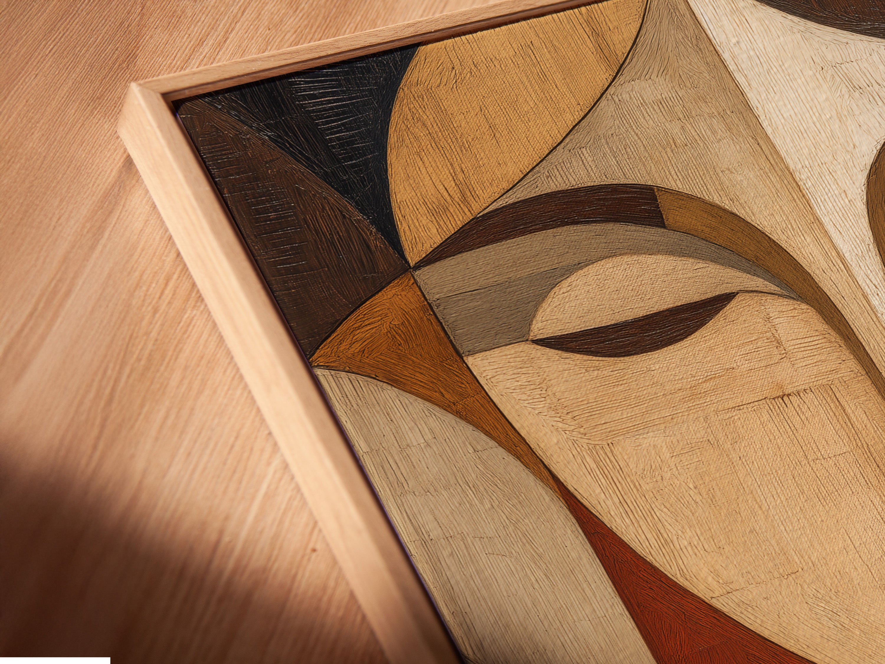 A close-up shot of a canvas print in a floating frame. The floating frame gives the illusion that the artwork is suspended. This enhances the depth. The canvas print adds texture. This modern display method elevates the artwork.